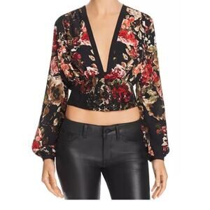 Divine Heritage S Black Floral Top V‎ Neck Lace Overlay Crop Whimsy Goth Fairy